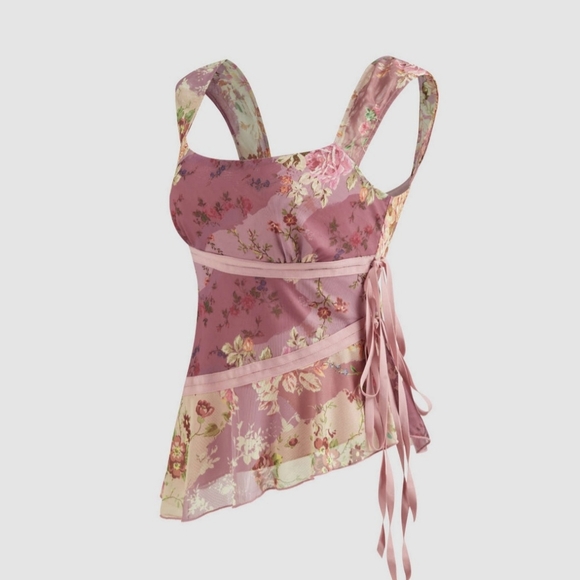 NEW Cider Mesh U-Neckline Floral Ruffle Trim Knotted Tank Top blouse - Picture 2 of 5